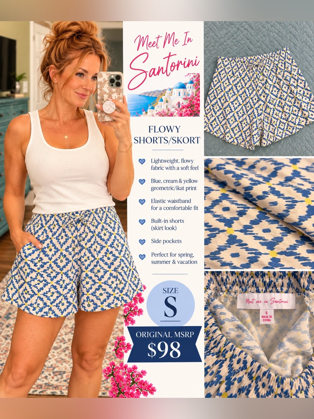 Meet Me In Santorini Blue & Cream Printed Flowy Shorts - Size S